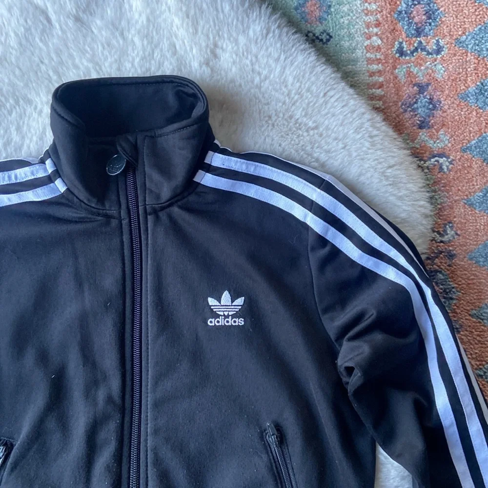 Adidas Original kids black white track jacket zip up lightweight three stripe XS